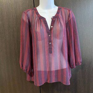 LOFT Navy Red Polka Dot Sheer Henley Top